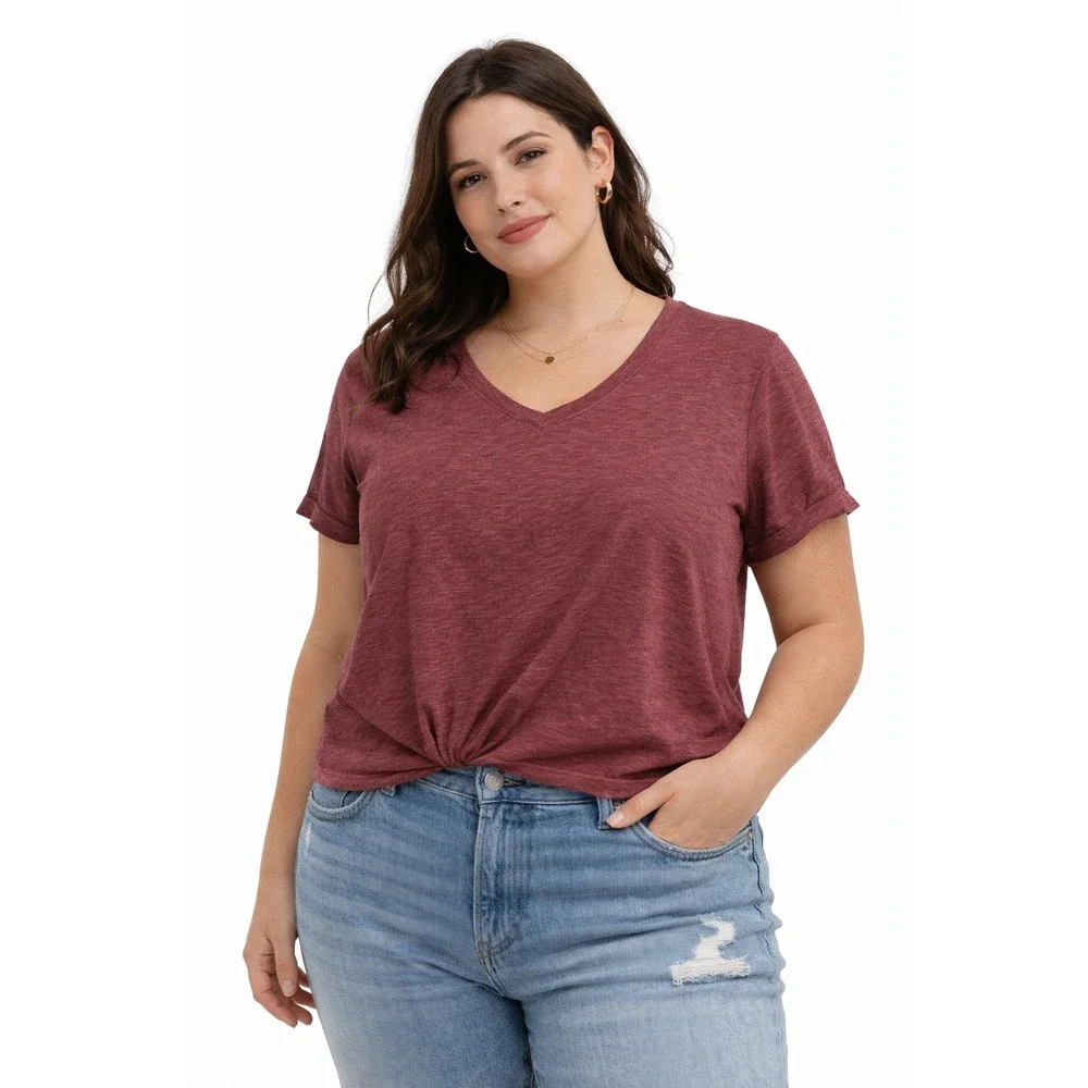 Jessica Simpson V-Neck Tee Women XL‎ Pink Heathered Short Sleeve Relaxed Soft